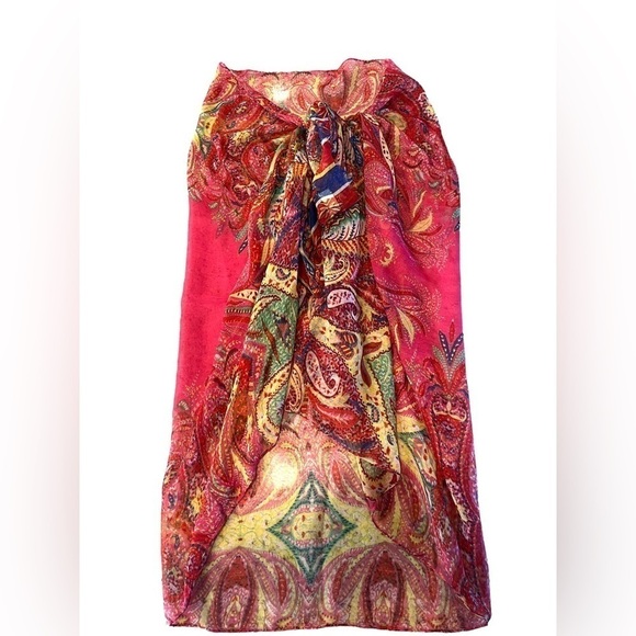 Colorful Floral Extra Large Pink Red Scarf Head Wrap Cover-Up Sarong Swaddle - Picture 3 of 4